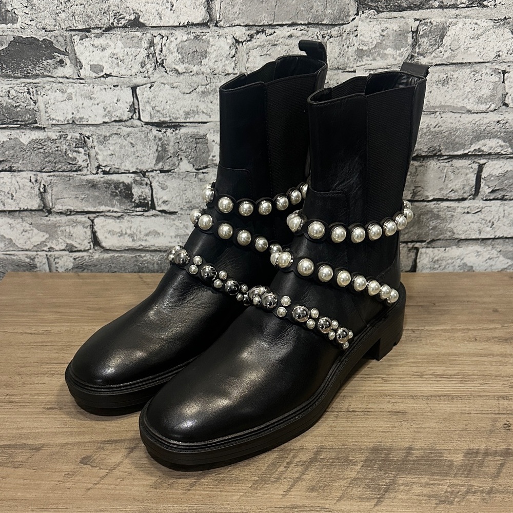 EUC Zara Black Ankle Boots with Pearl Embellishments